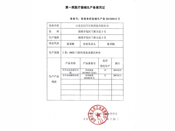 First Class Medical Devices Registration Certificate”For Air Compressor & Vacuum Suction Device