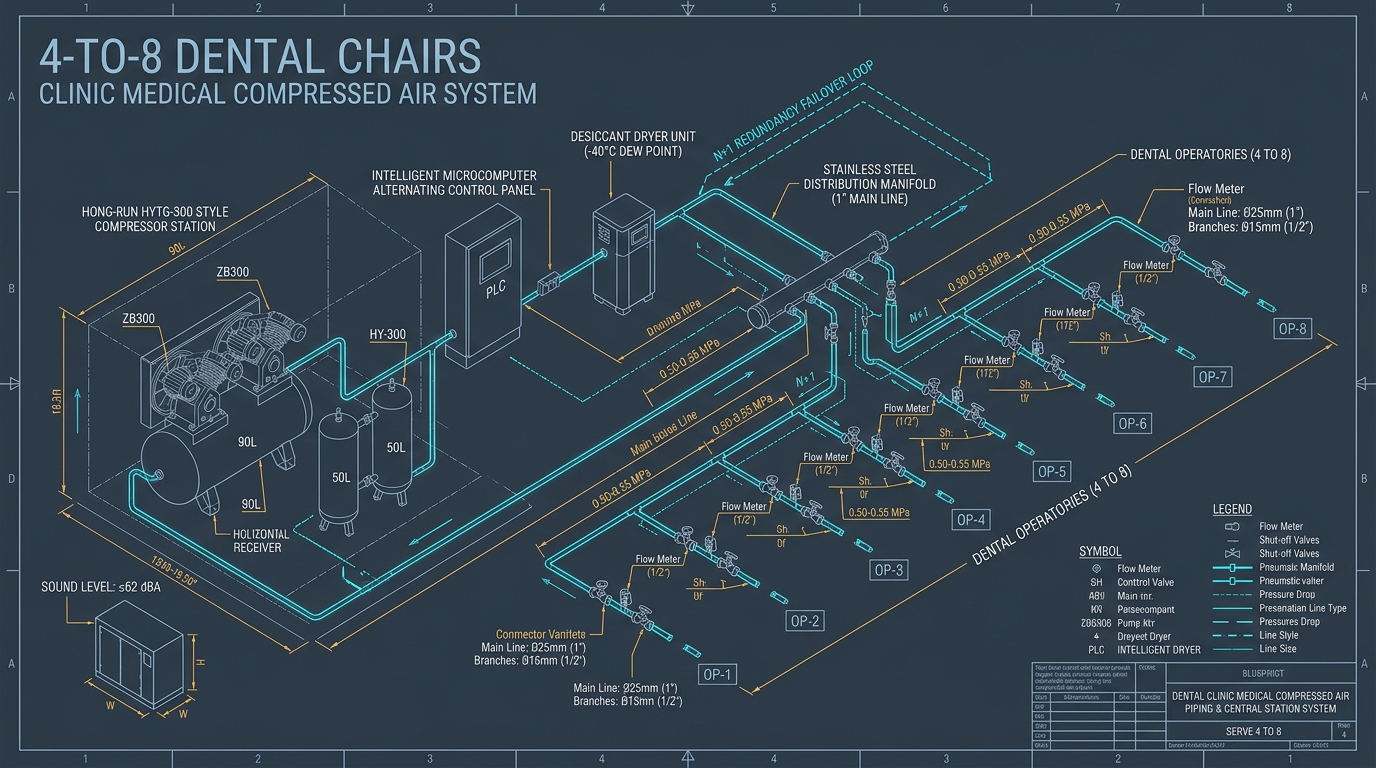 4 to 8 Dental Chairs Central Medical Air System CAD Schematic Blueprint and Piping Manifold Layout