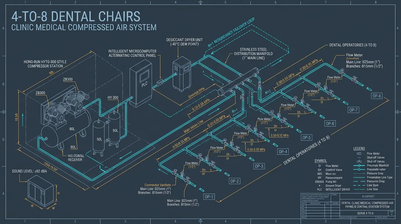 4 to 8 Dental Chairs Central Medical Air System CAD Schematic Blueprint and Piping Manifold Layout
