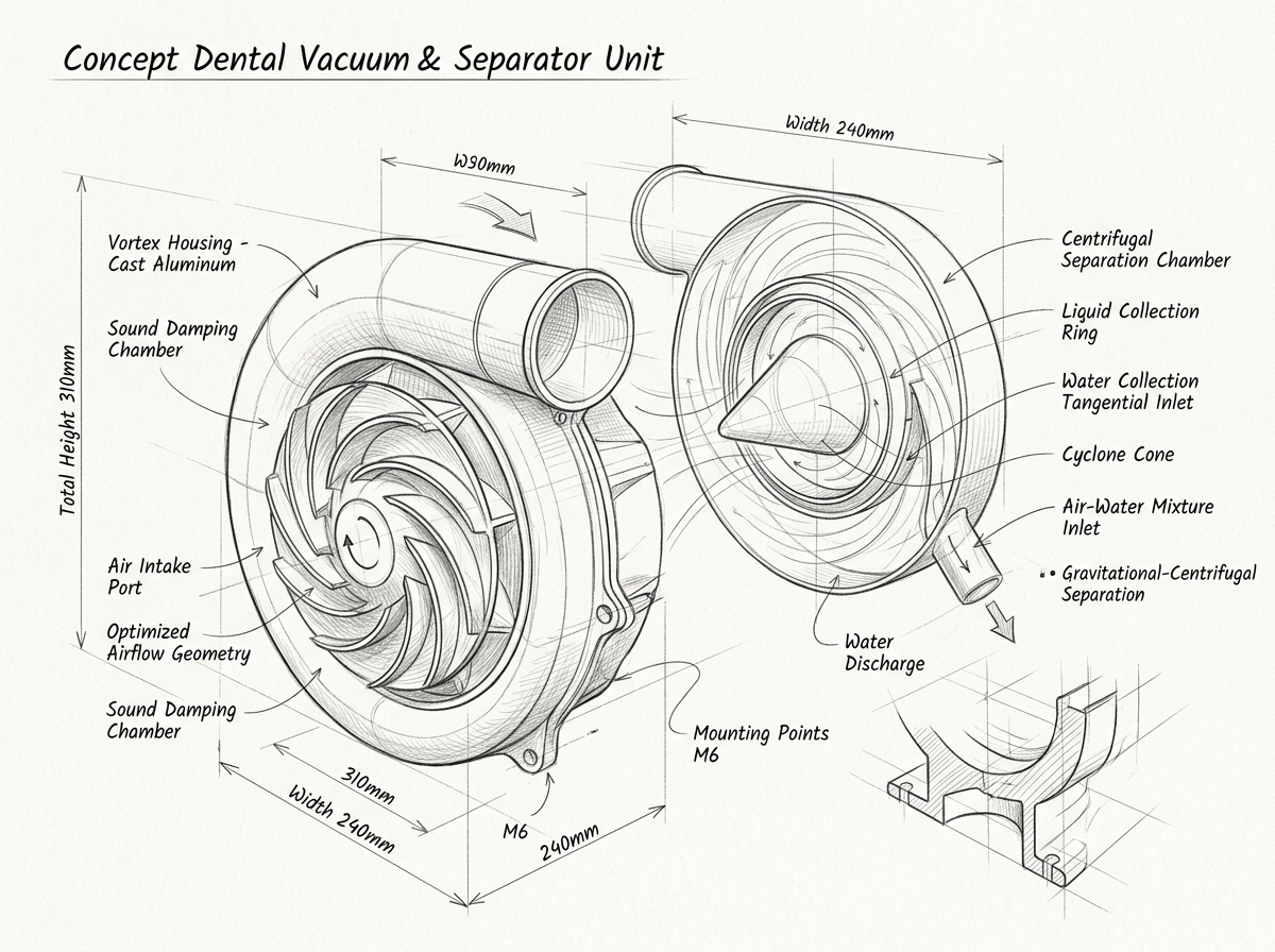 Vacuum Turbine Impeller & Cyclone Separator Sketch